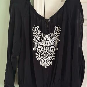 Torrid Black Blouse with White Embroidery